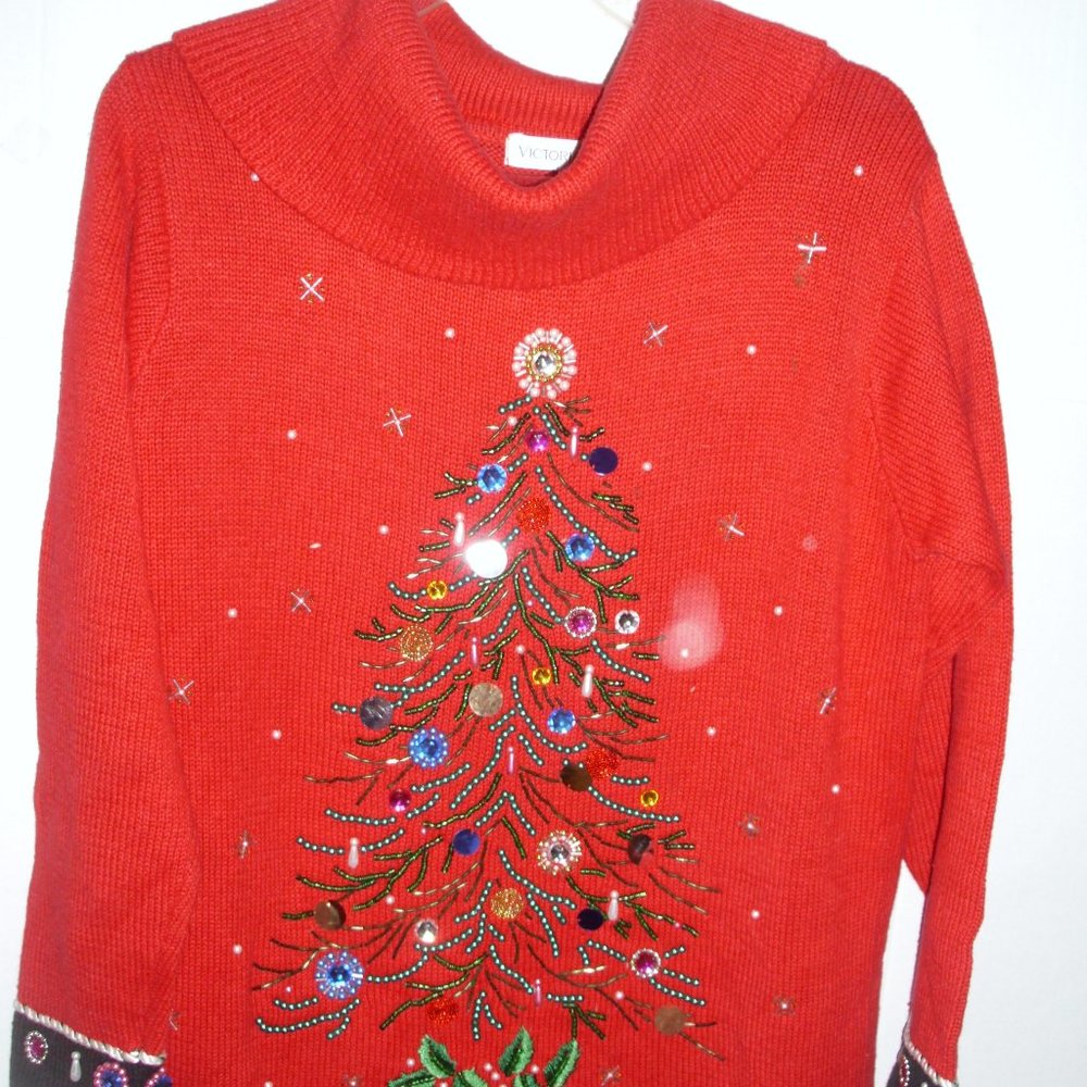 Ugly Holiday Christmas Tree Beaded Sequins Vintage Cowl Neck Red Sweater Size: U